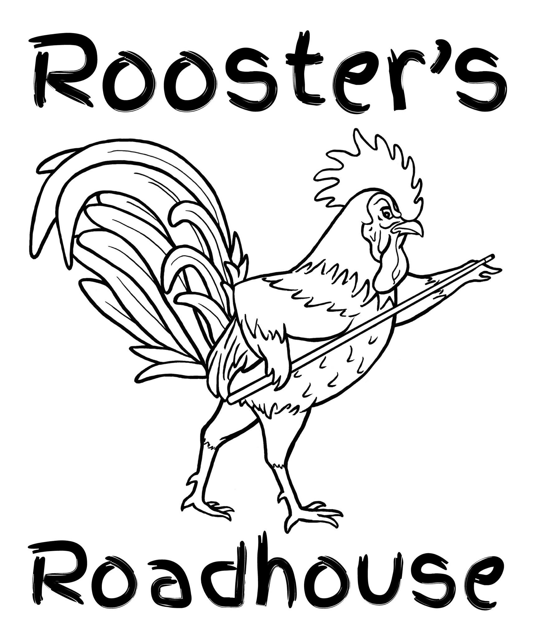 Rooster's Roadhouse original logo featuring a rooster holding a pool cue